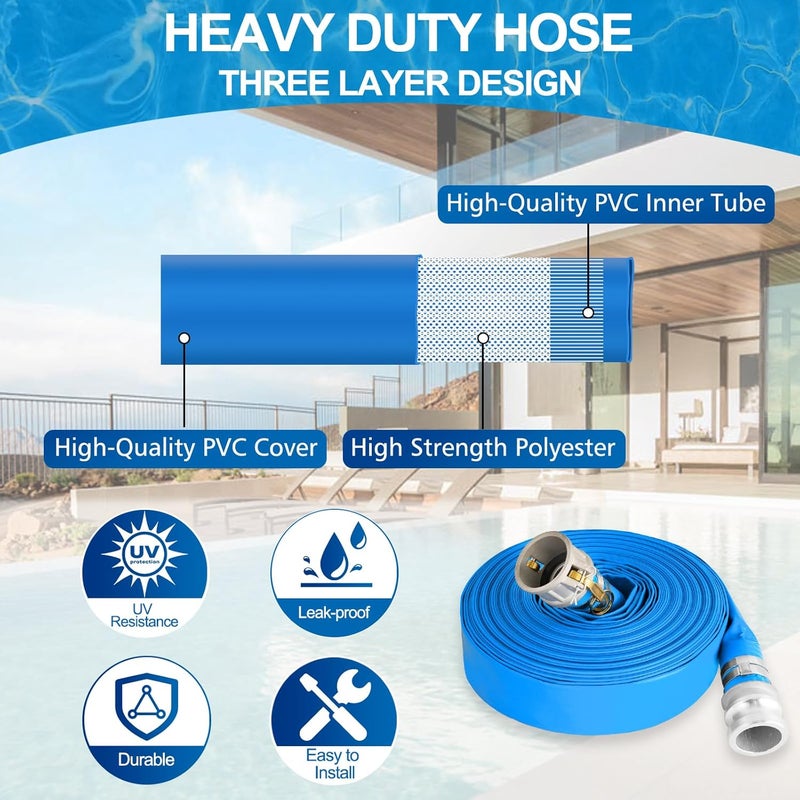 Picatu 1.5" x 50 ft Backwash Hose for Swimming Pools, Heavy Duty PVC Water Lay Flat Discharge Hose,Durable Pool Drain Hose with Aluminum Camlock C and E Fittings for Pump And Filters - Image 3